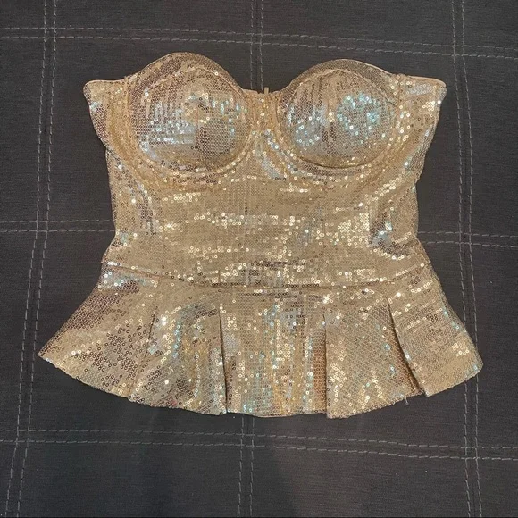 Bebe Gold Sequin Sparkly Strapless Peplum Top NWOT - Picture 9 of 15